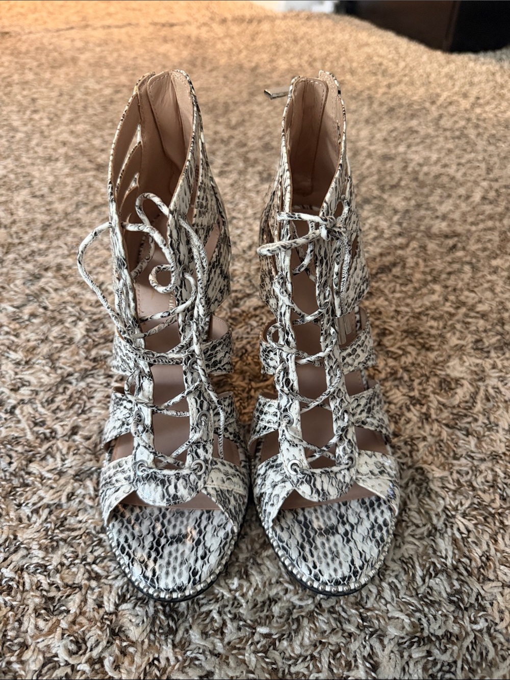 BCBG Snake-Print Lace-Up Gladiator Heels in White and Black